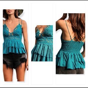 𝅺Free People Teal Adella Crochet Lace Cami